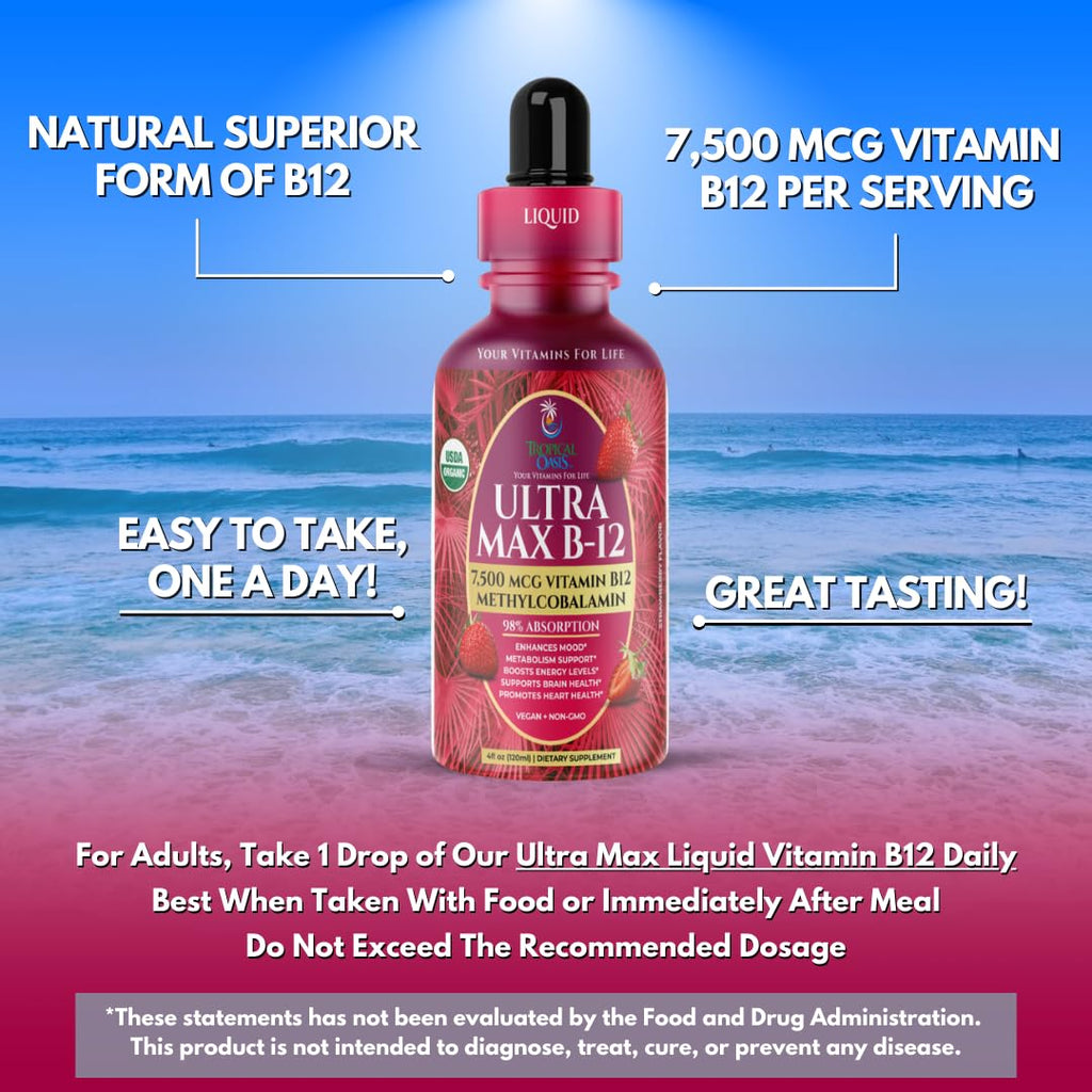 USDA Organic Ultra Max B12 | Superdose 7500mcg Vitamin B12 Liquid Drops | B12 as Methylcobalamin| Max 98% Absorption Rate | Promotes Energy| Vegan, Non-GMO, Strawberry flavor -4oz