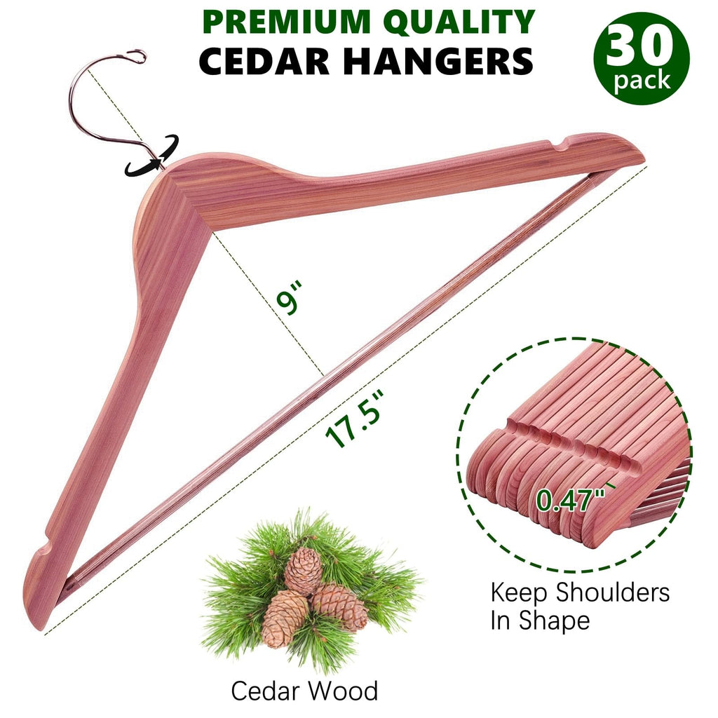 Amber Home 30 Pack American Red Cedar Hangers, Smooth Finish Wood Coat Hangers for Suit Shirt, Aromatic Cedar Clothes Hangers with Swivel Hook & Notches for Dress, Jacket, Pants