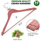 Amber Home 30 Pack American Red Cedar Hangers, Smooth Finish Wood Coat Hangers for Suit Shirt, Aromatic Cedar Clothes Hangers with Swivel Hook & Notches for Dress, Jacket, Pants