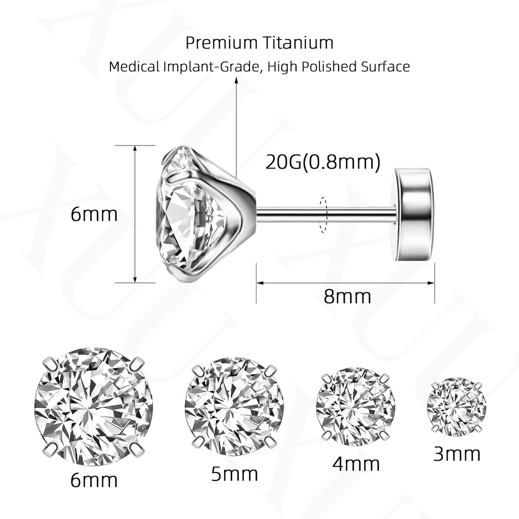 XUU 20G Titanium Flat Back Earrings 3-6mm 4 Pair Set for Sensitive Ears