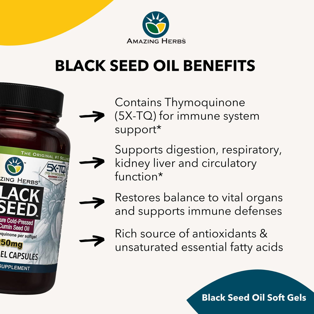 Amazing Herbs Premium Black Seed Oil Capsules - High Potency, Cold Pressed Nigella Sativa Aids in Digestive Health, Immune Support & Brain Function - 60 Count, 1250mg