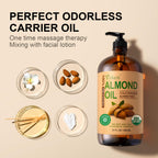 Yoken Organic Almond Oil 32 fl oz 100% USDA Pure Cold Pressed Glass Bottle Almond Oils for Skin, Hair, Face, Body Moisturizer, Smooth and Soft Skin, Base Carrier Oil for DIY, Massage