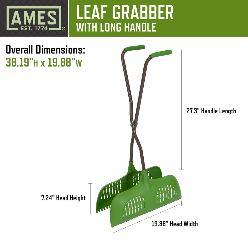 AMES Leaf Grabber Rake with Long Handle & Cushioned Grip for Leaves, Lawn Clippings, Twigs, Yard Waste
