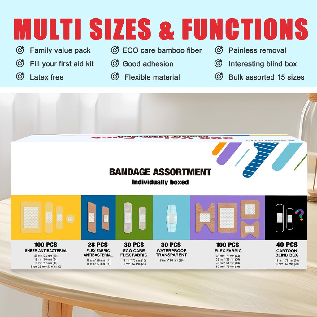 Dodanros Variety Bandages Pack,328ct Assorted Bulk Various Sizes, Shapes &Features | Sheer & Flex Fabric with Benzalkonium, ECO Bamboo Fabric, Waterproof, Cartoon Blind Box Fragrance Bandages