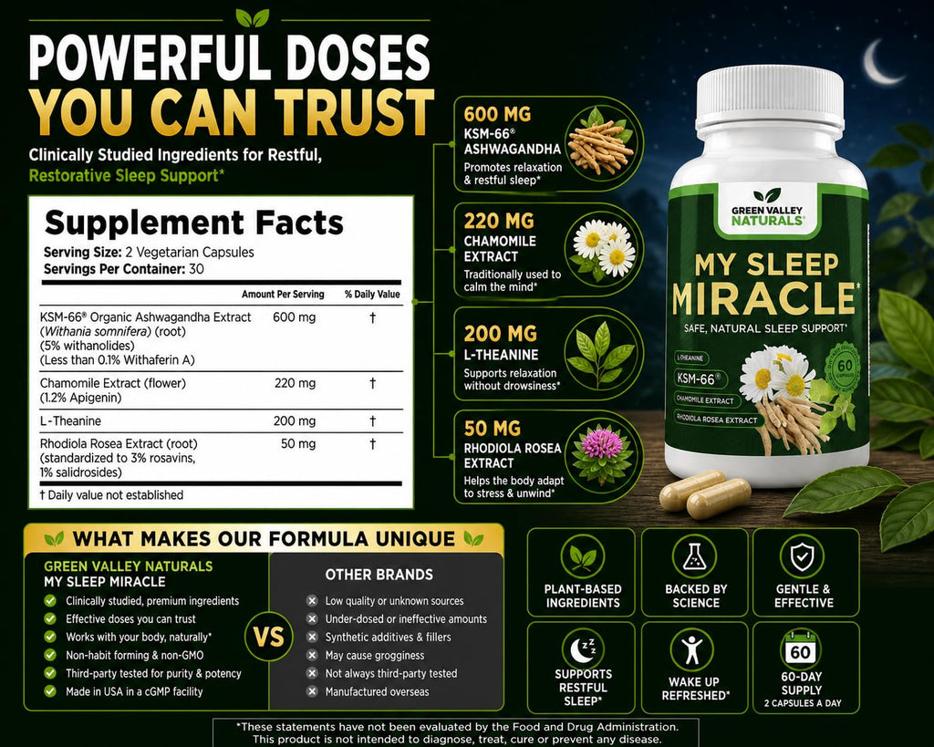 GREEN VALLEY NATURALS My Sleep Miracle Vegan Sleep Support Supplement | Melatonin-Free Formula | Ashwagandha, Chamomile & L-Theanine | Promotes Calm, Relaxation & Restful Sleep | 60 Capsules