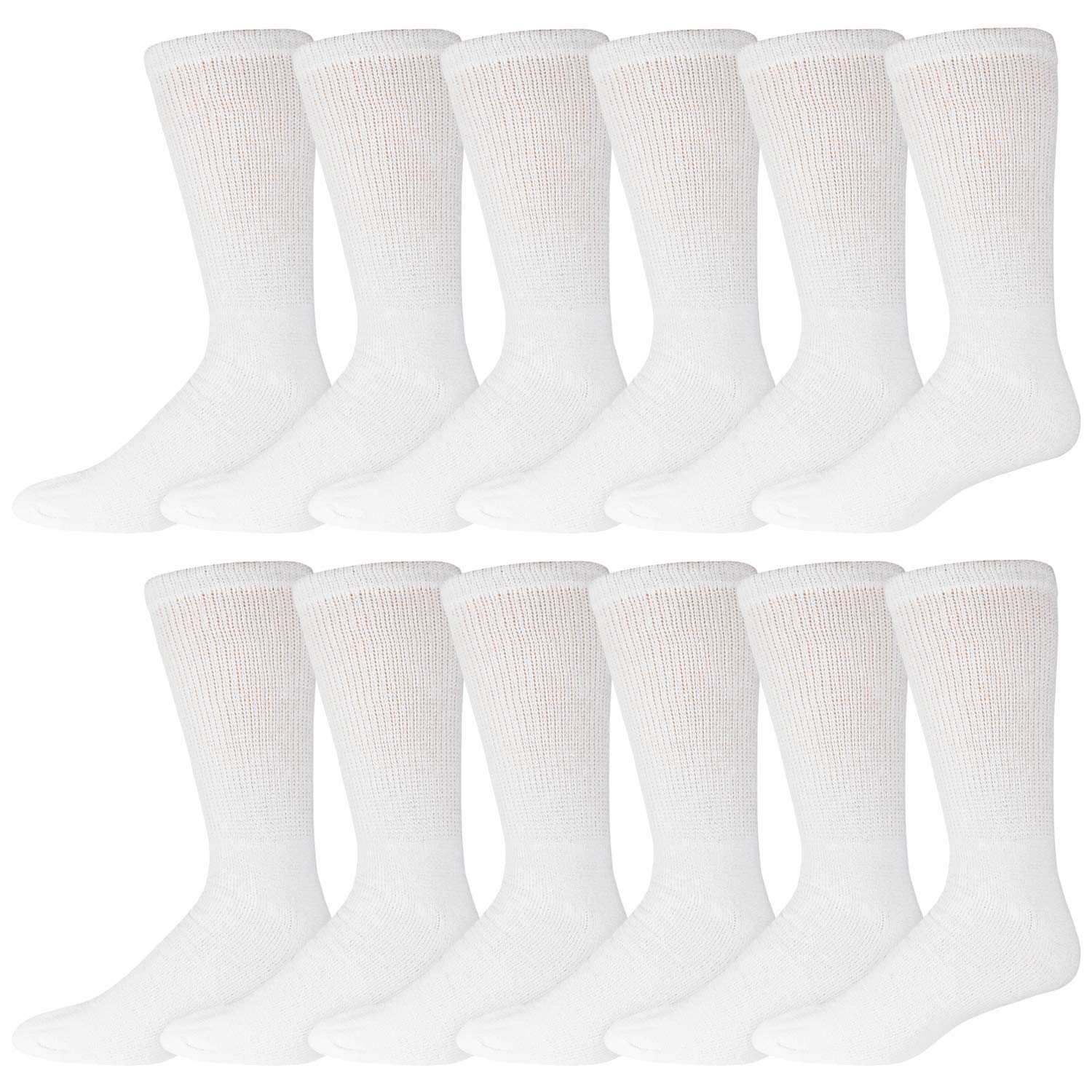 12 Pairs of Cotton Diabetic Neuropathy Crew Socks (10-13, Fits Mens shoe size 9-12, White)