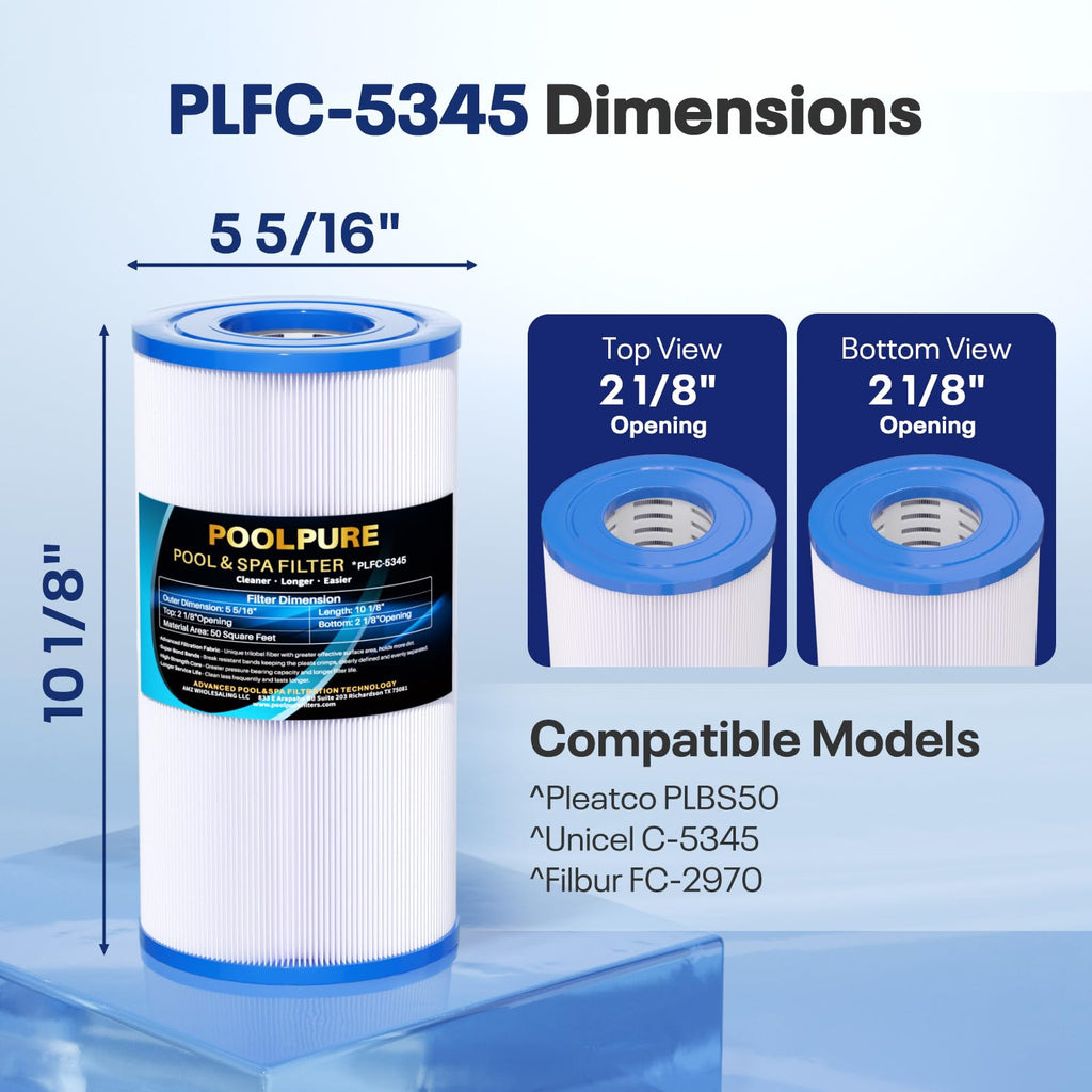 POOLPURE C-5345 Spa Filter Replaces PLBS50, Unicel C-5345, Filbur FC-2970, 817-0014, R173584, 173584, X268519, 10419, 14513, 50451, S2/G2 Spa, 5x10 Drop-in Hot Tub Filter (1pack)