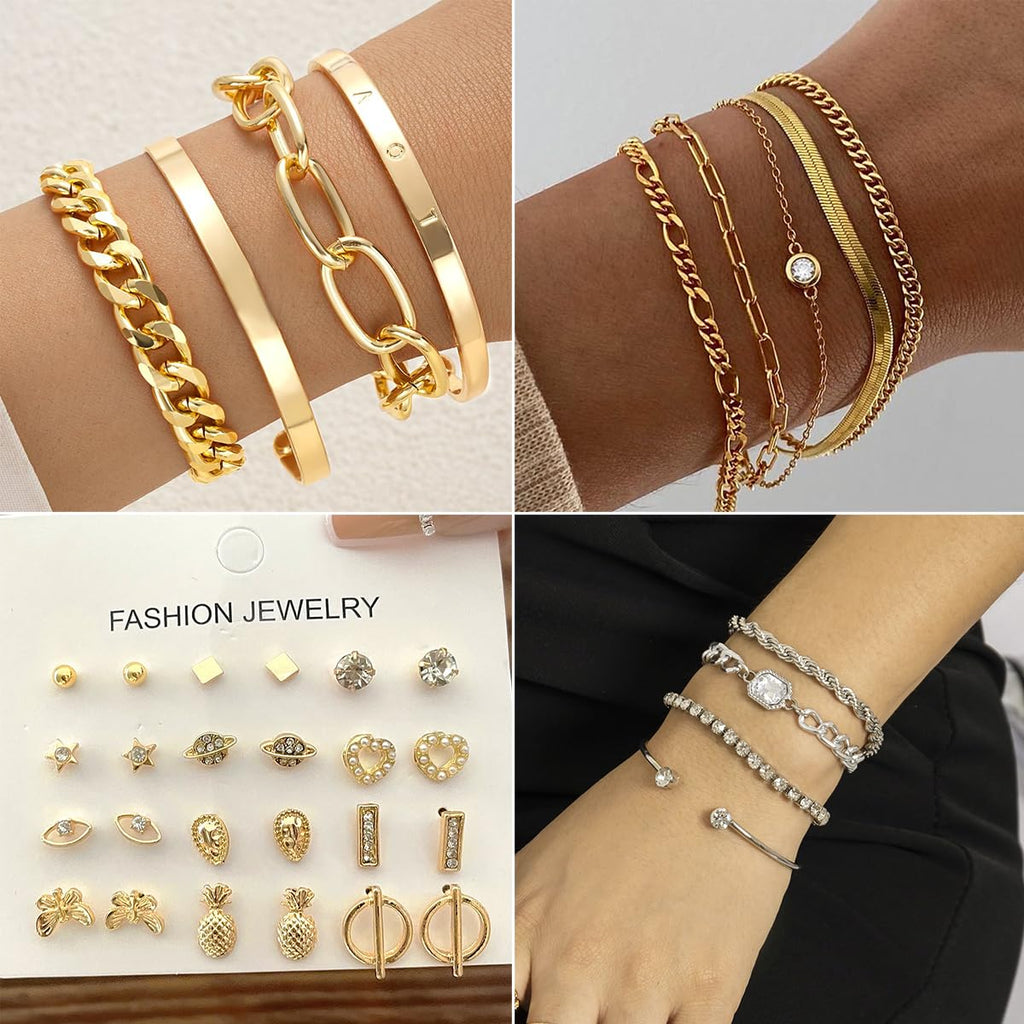 CONGYING 65 Pcs Gold Jewelry Set with 6Pcs Layered Necklace, 11 Pcs anklet and 7Pcs Earring Ear Cuff,11Hoop Earrings,15pcs Rings,15pcs stud earrings Jewerly set for Women Pack for Party GiftL
