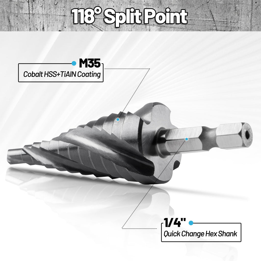 Cobalt M35 Step Drill Bit 3/16" to 7/8", TiAlN Coating 4 Spiral Flute Step Bit for Stainless Steel, Metal, Aluminum, Plastic