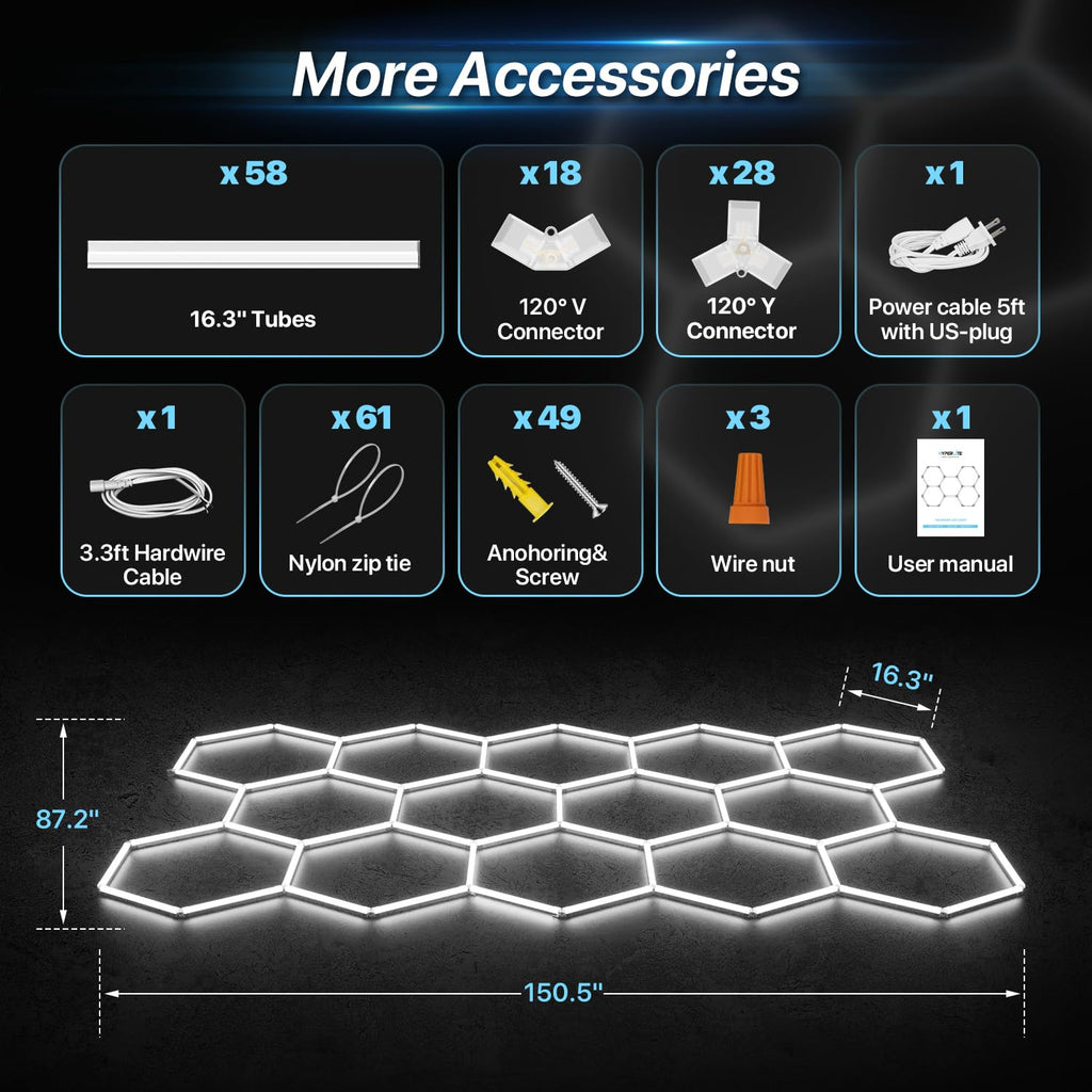HYPERLITE Gen II Hexagon Garage Lights: 399W 39900LM 14 Grids Hexagon Led Light, 6500K Ultra Bright Honeycomb Hex Lights, Easy Install, Durable Design for Garage, Car Detailing, Workshops, Shops, Gym