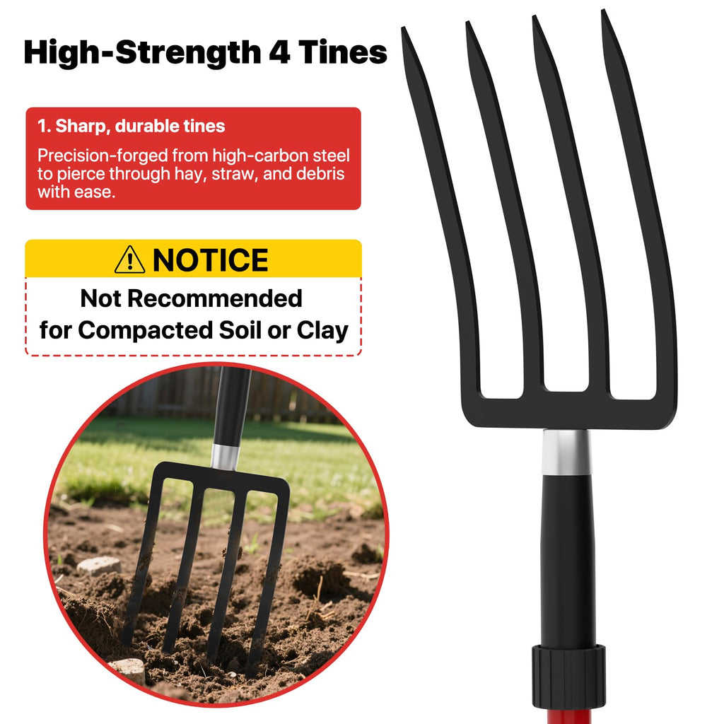 COSITA Pitch Fork for Garden, 44-Inches Pitchfork with Fiberglass Handle, Gardening Spading Fork with 4 Metal Tines, Heavy Duty Pitchfork for Manure, Mulch, Digging, Aeration, Red