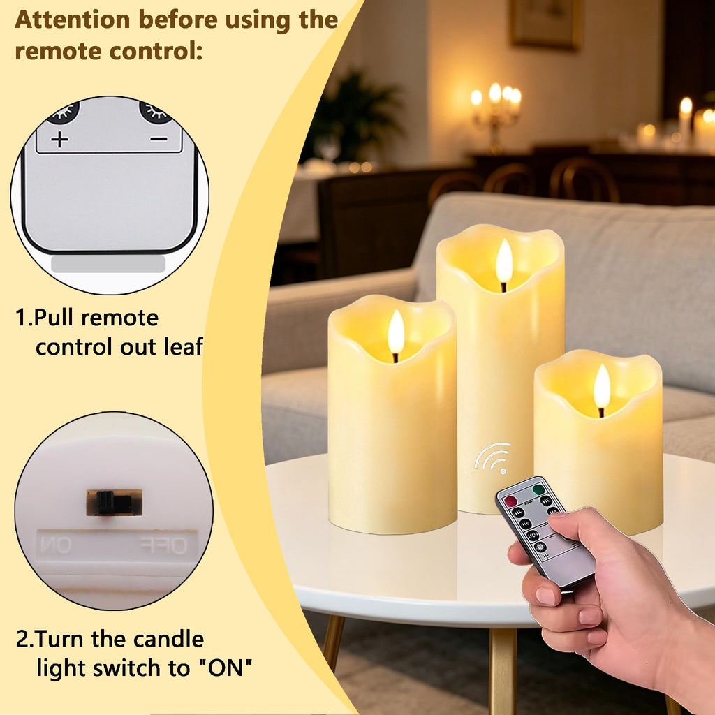 VIEWELLD Flickering Flameless Candles with Remote and Timer, Realistic LED Candles, Battery Operated Candles for Christmas Home Wedding Birthday Decoration, Real Wax Set of 3(Ivory White)