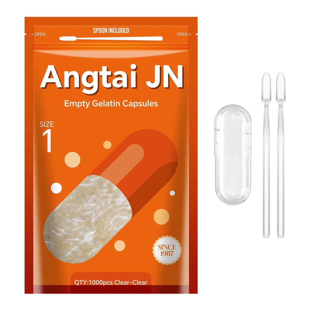 Angtai JN Capsules Size 1 Empty Gelatin Pill Gel Caps Pure Bovine Clear (1,000 Count) Gluten Free, Non-GMO, Halal Certified Filling Kit with 2 Spoons for DIY Your Own Supplements
