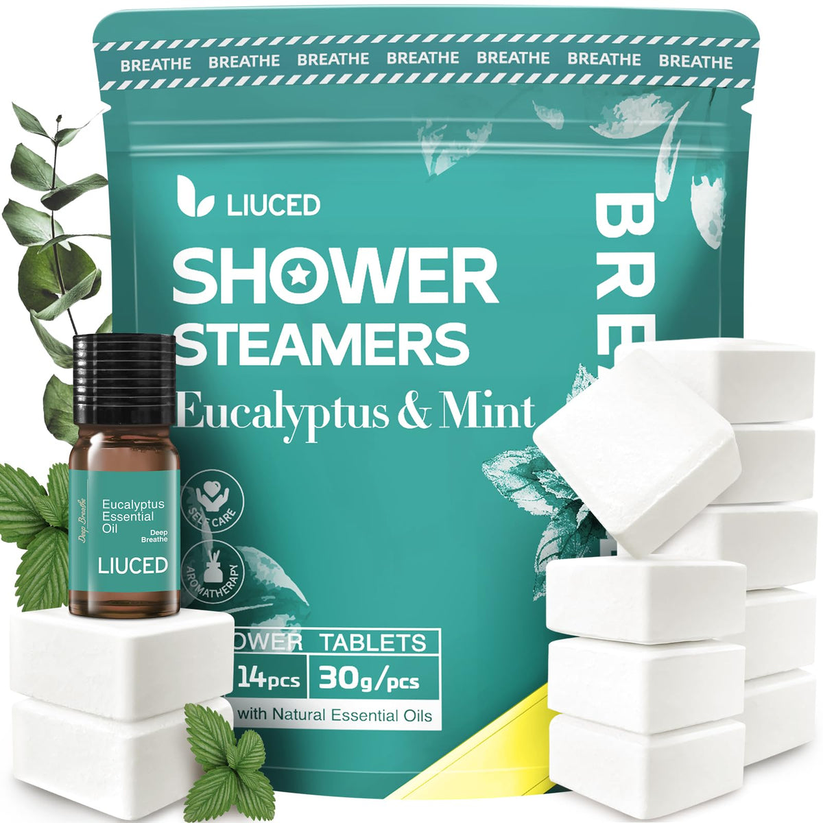 14+1 Shower Steamers - 14 Pack Eucalyptus & Mint Shower Tablets Aromatherapy Pods and 5ml Natural Eucalyptus Essential Oils, Sinus Relief, Stocking Stuffers for Women Men, Gifts for Mom Wife Christmas