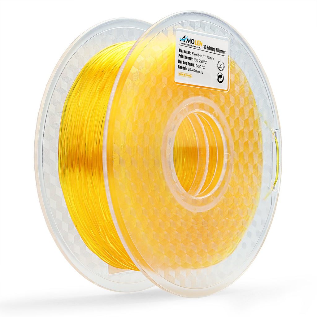 AMOLEN 3D Printer TPU Filament 1.75mm, Transparent Yellow, 0.8KG/1.8LBS +/- 0.03 mm, Includes Sample Wood Filament & Shining Gold Filament.