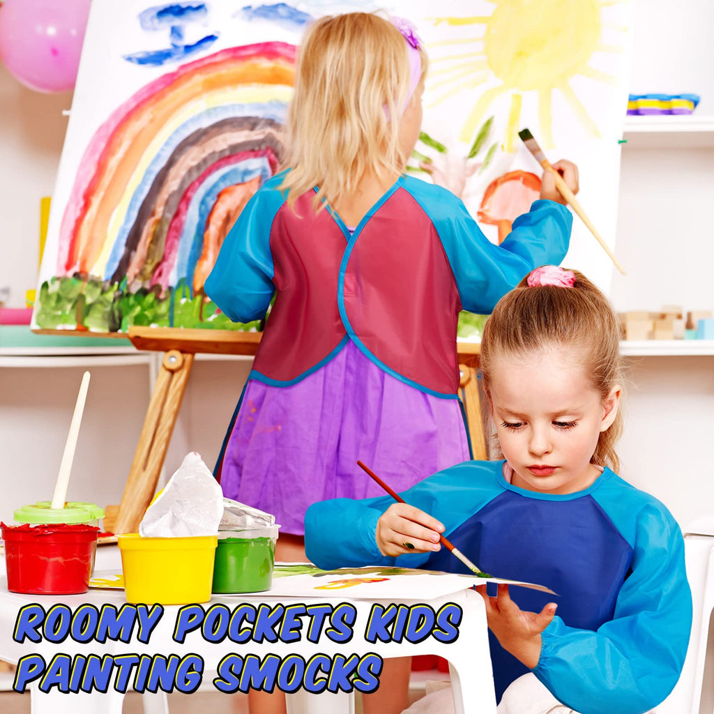 Yahenda 18 Pcs Kids Art Smocks Waterproof Painting Art Smocks for Kids with Long Sleeve 3 Pockets Toddler Apron for 2-8 Years (rose red,dark blue,yellow)