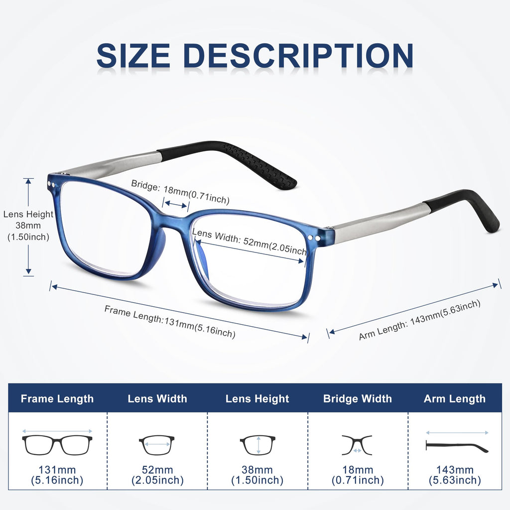 EASY READ TR90 Progressive Multifocal Reading Glasses for Men,Rectangular Blue Light Blocking Readers with Spring Hinge(Magnification 1.50,Blue)