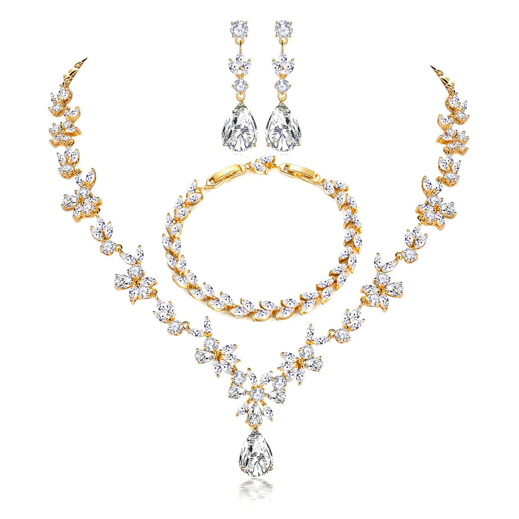 Hadskiss Jewelry Set for Women, Necklace Dangle Earrings Bracelet Set with White Cubic Zirconia, 18K Gold Plated Wedding Party Jewelry for Bridal Bridesmaid
