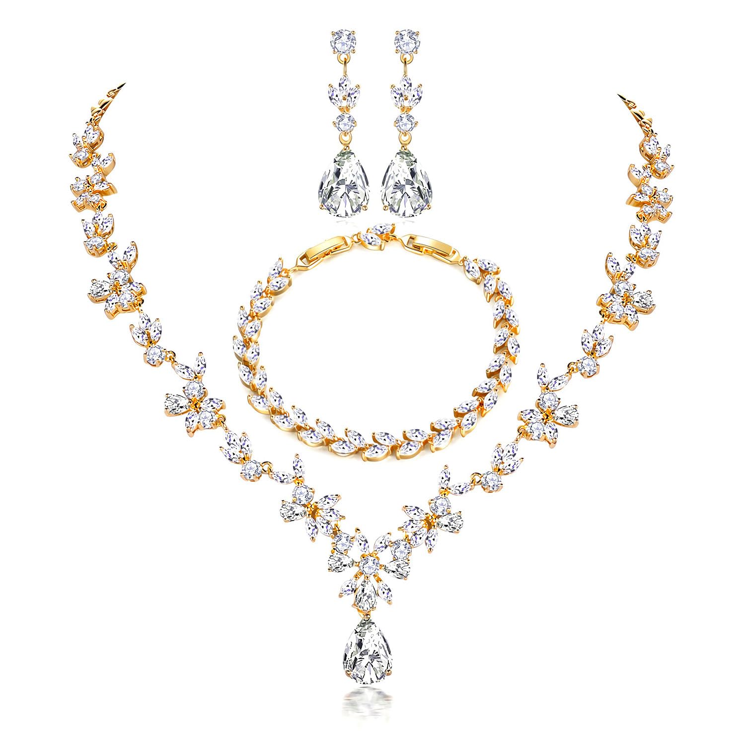 Hadskiss Jewelry Set for Women, Necklace Dangle Earrings Bracelet Set with White Cubic Zirconia, 18K Gold Plated Wedding Party Jewelry for Bridal Bridesmaid