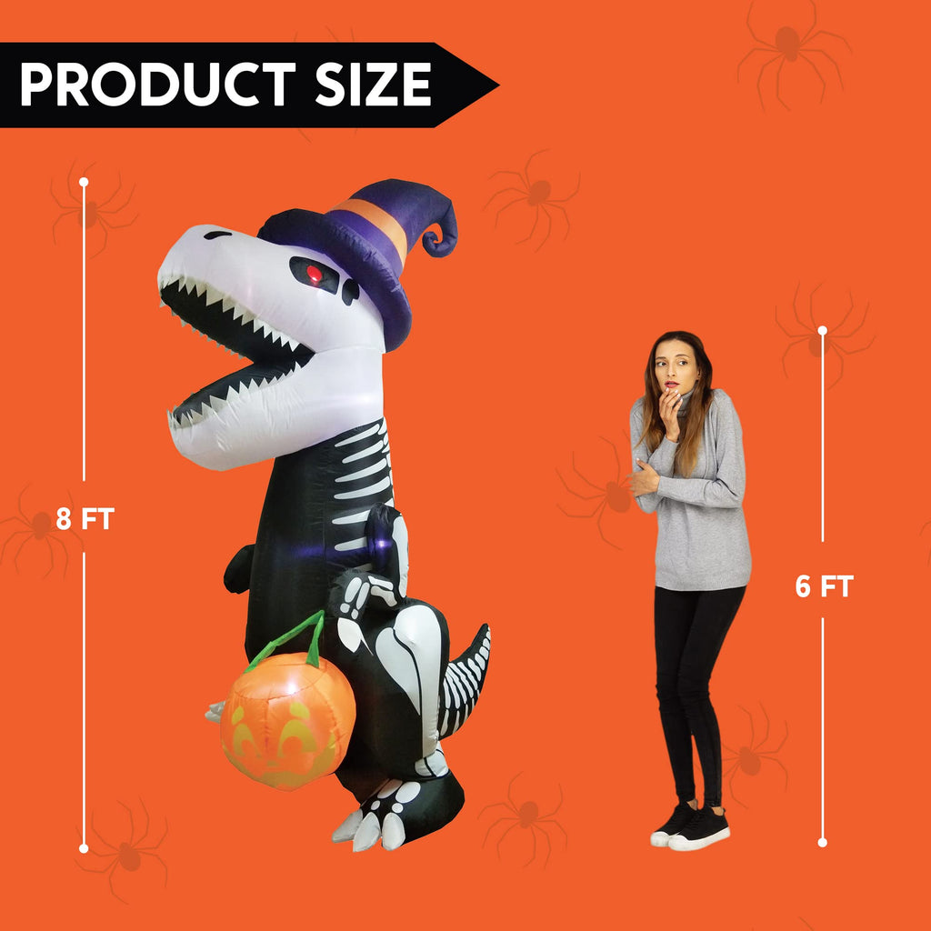 Joiedomi 8 FT Halloween Inflatable Skeleton Dinosaur with Pumpkin & Built-in LEDs, Halloween Blow Up Yard Decorations, Lighted Outdoor Dinosaur Skeleton for Garden, Lawn, Patio & Holiday Outside Decor