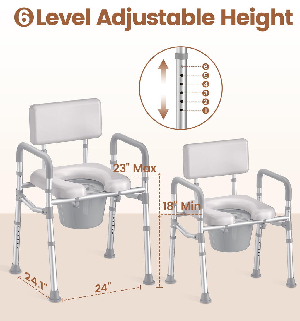 SOUNDFUSE Bedside Commode Chair with Padded Seat and Backrest, Aluminum Dual-Crossbar, Height Adjustable, Portable Toilet for Seniors and Adults, Potty Bucket and Splash Guard, 350 lbs Weight Capacity