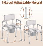 SOUNDFUSE Bedside Commode Chair with Padded Seat and Backrest, Aluminum Dual-Crossbar, Height Adjustable, Portable Toilet for Seniors and Adults, Potty Bucket and Splash Guard, 350 lbs Weight Capacity