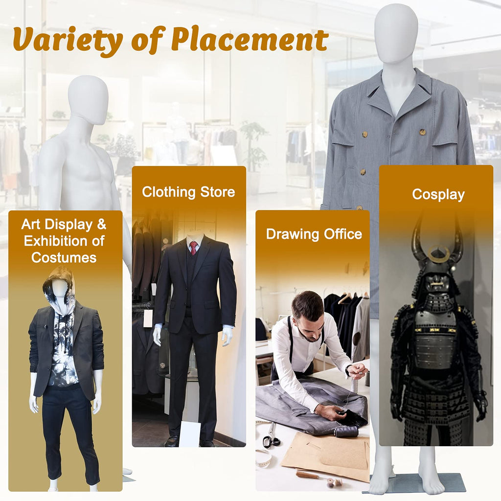 Kinfant 6Ft Male Mannequin Dress Form Display - Manikin Torso Stand Realistic Full Body Mannequin for Retail Clothing Shops, Halloween Christmas Cosplay, White