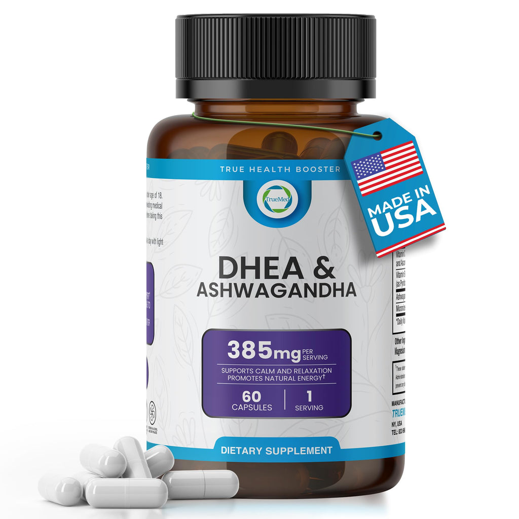 TRUEMED DHEA & Ashwagandha Supplement 385mg – Ashwagandha 250mg, DHEA 10mg, Vitamin C & B6 – Supports Relaxation, Natural Energy & Balanced Mood – Made in USA, 60 Vegan Capsules