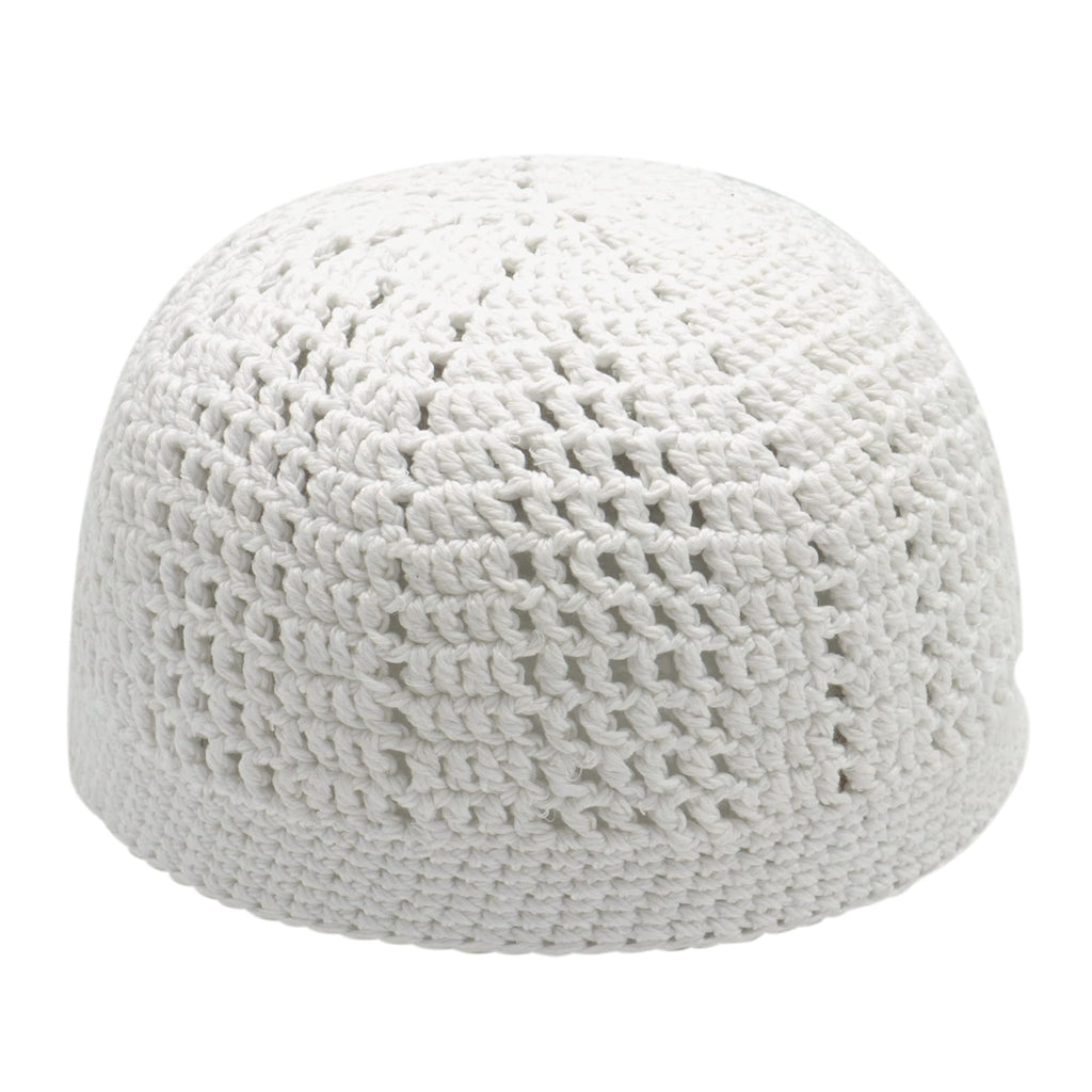 White Kufi Hat Tight & Loose Weave Mix Crocheted Comfortable 100% Cotton Muslim Prayer Cap Kufi Topi Skull Cap (M)
