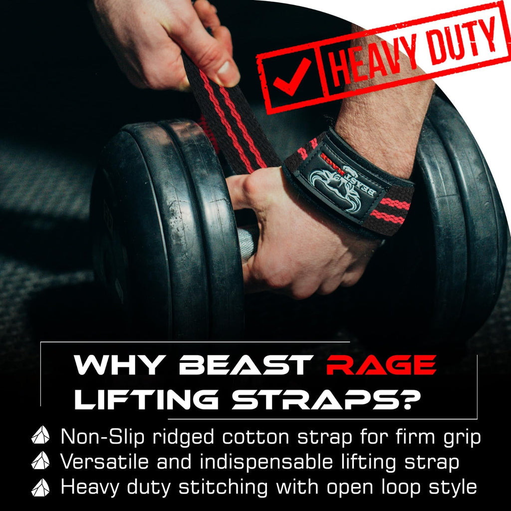 BEAST RAGE Lifting Wrist Straps for Weightlifting, Straps Gym Grip Power Workouts Lifting Straps Padded Cotton Men Women Wrap Lift, Deadlift Bodybuilding Weight Lifting Exercise Straps (Black/Red)