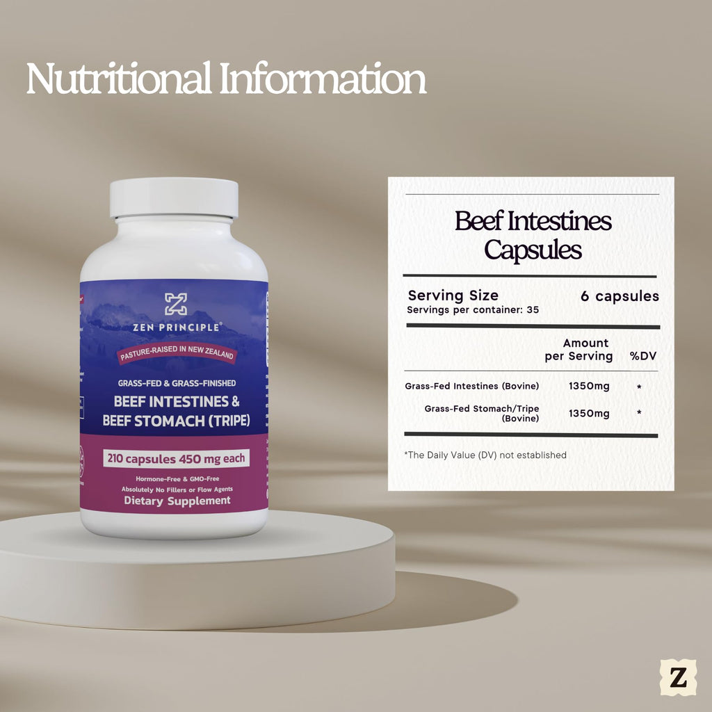 Zen Principle Grass Fed Beef Intestines with Stomach (Tripe) Supplement, Supports Digestive Health and Gut Balance, Supports Acid Reflux Balance, Natural Intestine Wellness, 210 Capsules