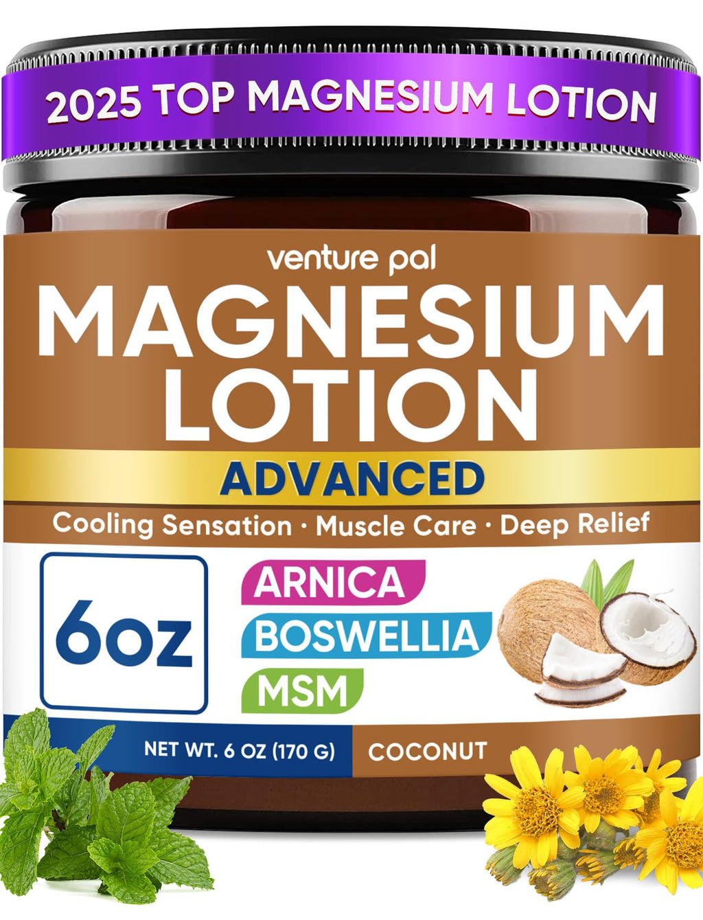 Magnesium Lotion with Arnica, MSM & Boswellia – Cooling Comfort & Relaxation, Magnesium Cream for Muscles & Joints – Ideal for Legs or Feet - Safe for Kids – 6 fl oz