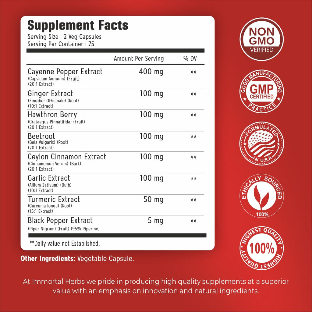 Immortal Herbs Cayenne Pepper Capsules w/Garlic, Ginger, Hawthorn, Turmeric, Cinnamon, Beet Root and Black Pepper Extract, 150 Cayenne Capsules, Non-GMO & Gluten Free Capsaicin Supplement