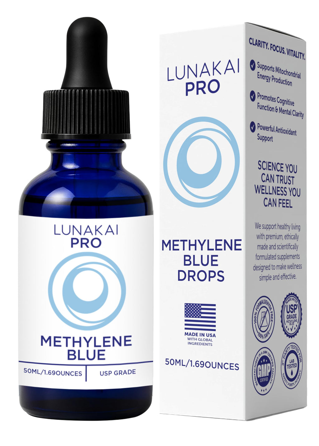 Lunakai USA Made Methylene Blue Pharmaceutical Grade – 99.99% Pure USP Grade 1% Methylene Blue Drops for Humans – Cognitive & Focus Support Supplement