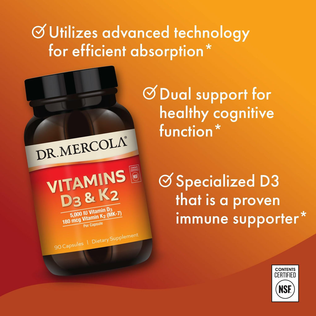 Dr. Mercola Vitamins D3 & K2 - Supports Immune, Brain, Cardiovascular, Respiratory & Bone Health - GMO-Free, Gluten-Free & Soy-Free - 90 Capsules (90 Servings)