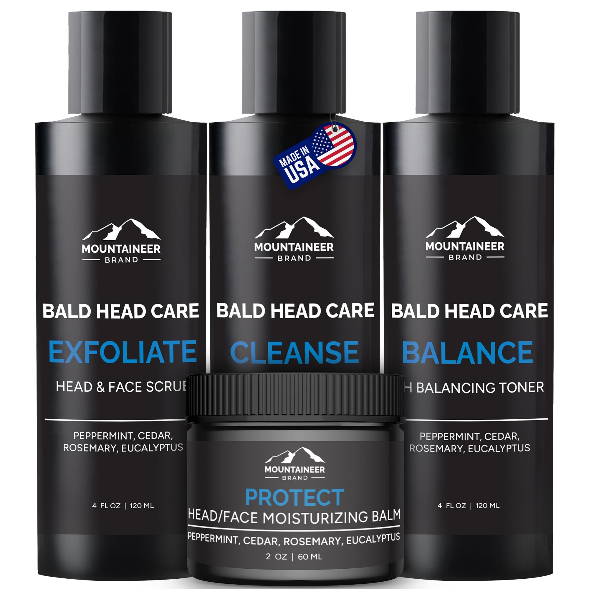 Mountaineer Brand Bald Head Care Gifts For Bald Men | All Natural 4 Step Daily Skin Care for Healthy Scalp & Face | Exfoliate Scrub | Cleanse Wash | Shine Away PH Balance | Protect Moisturizing Balm