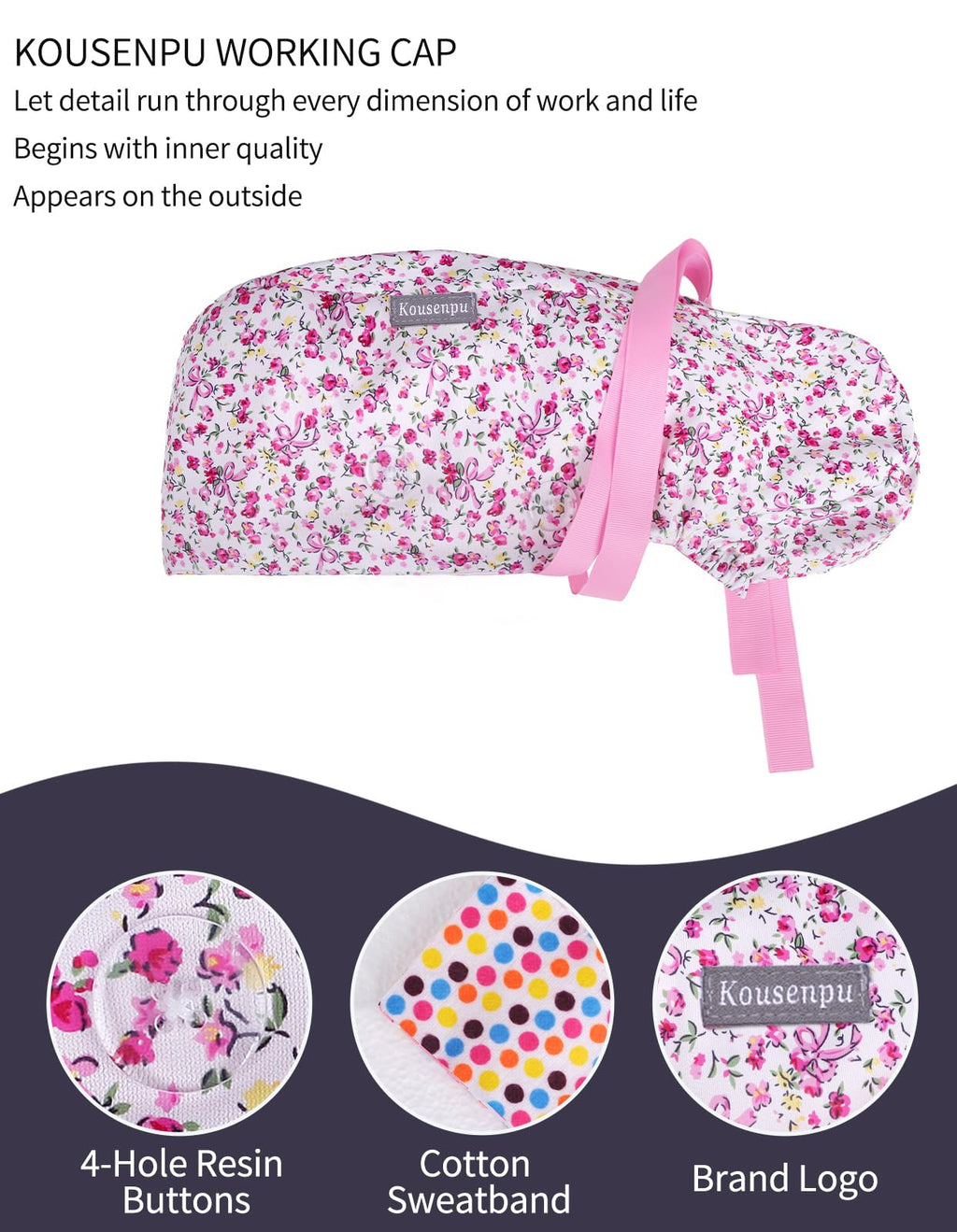 Satin Lined Scrub Cap Women with Ponytail Hole & Buttons,Adjustable Surgical Nurse Hat with Cotton Sweatband for Long Hair (Pink Small Floral)