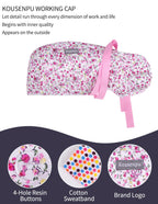 Satin Lined Scrub Cap Women with Ponytail Hole & Buttons,Adjustable Surgical Nurse Hat with Cotton Sweatband for Long Hair (Pink Small Floral)