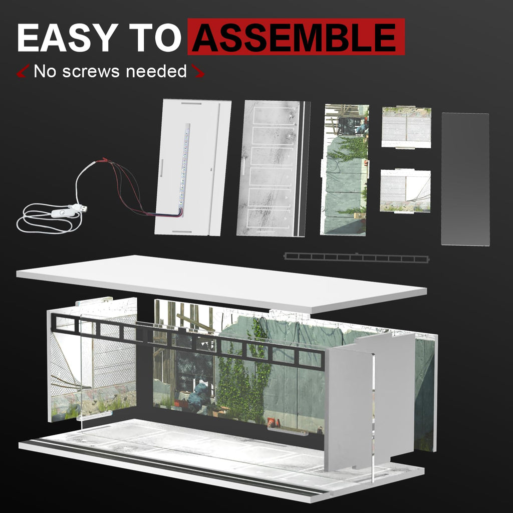 SAMYUCHO 1/64 Scale Diecast Display Case for Hot Wheels Matchbox Cars, Toy Car Model Mini Garage with LED Light and Acrylic Cover, Stackable Parking Lot Diorama Storage for Collection Present