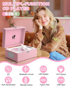 CD Player with Stereo Speakers, Wireless Bluetooth Input/Output Transmission, Rechargeable Battery, USB Retro CD Player Desktop for Home Party Decorations - Pink
