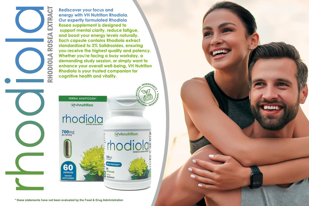 VH Nutrition RHODIOLA | Rhodiola Rosea Supplement | 3% Salidrosides Standardized Extract | 60 Easy-to-Swallow Capsules