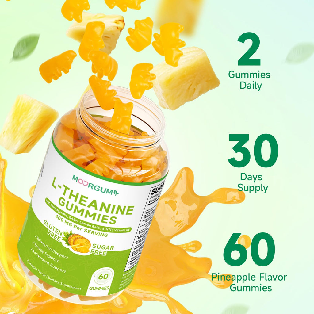 L-Theanine Gummies, 400mg l'theanine Chewable Supplement with Ashwagandha, GABA, Lemon Balm, 5-HTP, Vitamin B6, Support Zzz, Relax & Emotion, Vegan, Non-GMO, Sugar Free, Pineapple Flavor, 60 Count