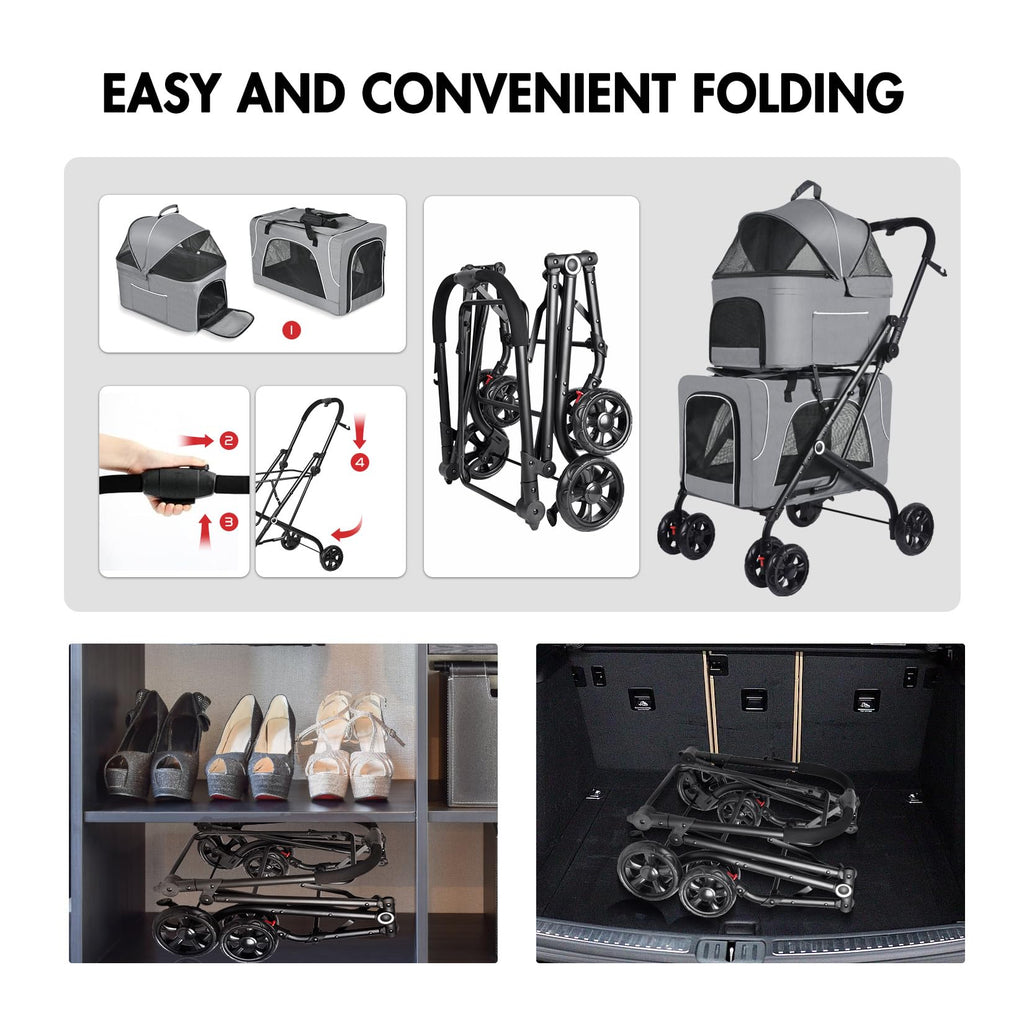 Petmolico Double Pet Stroller for 2 Cats/Dogs Strollers,2 Detachable Cat Carrier,No-Zip Double Pet Travel Storller for Small/Medium Dogs(Grey&Black)