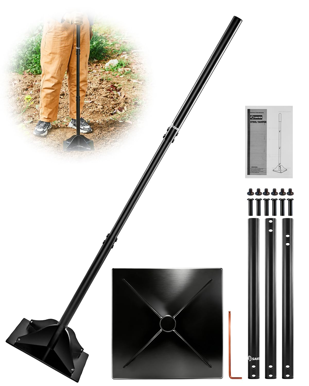Saker Steel Tamper, 10×10 Inch Hand Compactor with 48 Inch Handle