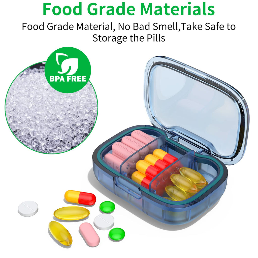 2 Pack 3 Compartment Small Pill Box, Moisture Proof Case, Travel Organizer for Pocket Purse, Daily Portable Medicine Vitamin Container, Fish Oil and Supplement Storage