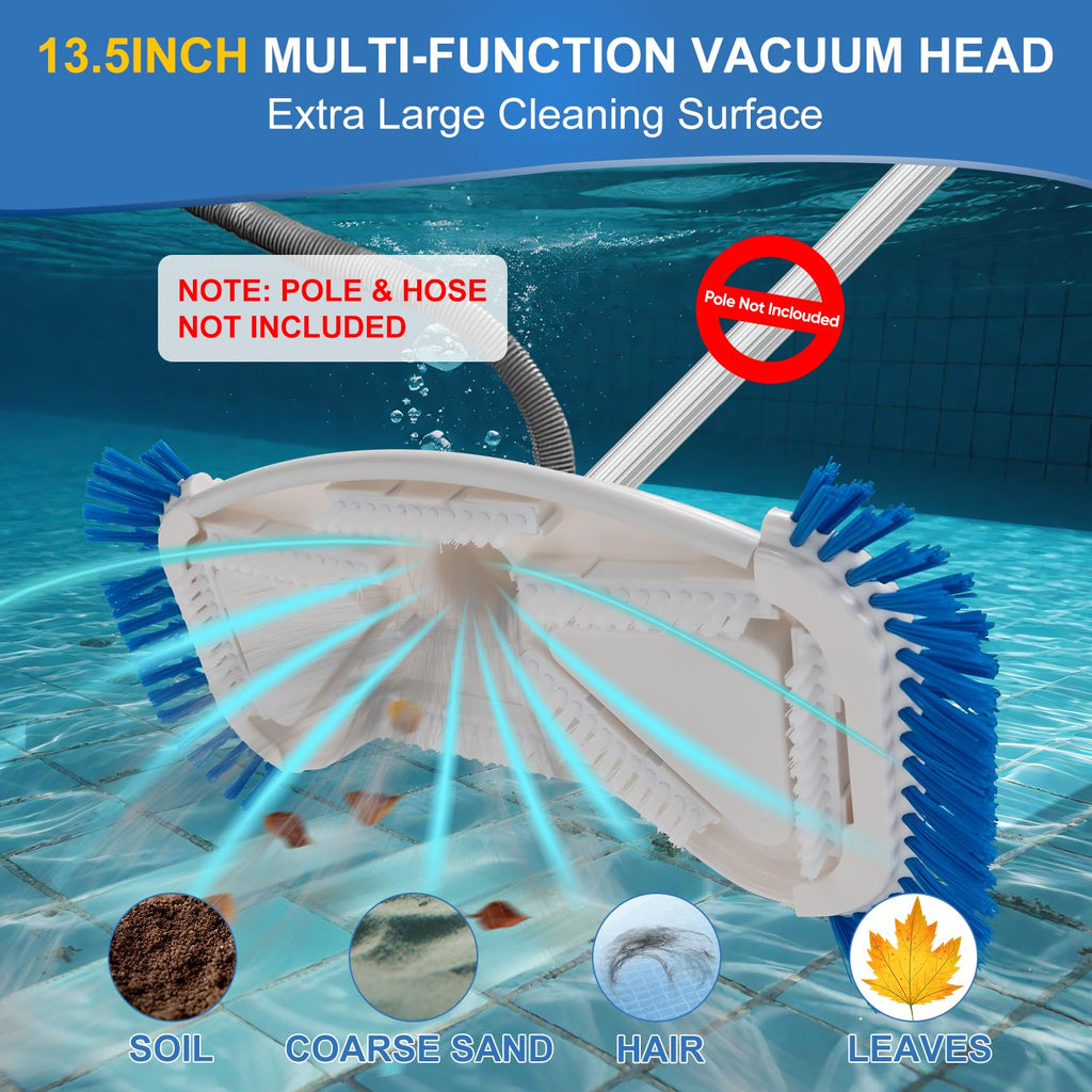 Weighted Pool Vacuum Head with Side Brushes, 13.5" Deluxe Manual Pool Cleaner Head, Fit for 1.25" and 1.5" Hose, Professional Cleaning All Surfaces for Above Ground & Inground Pools, Vinyl Liner Safe