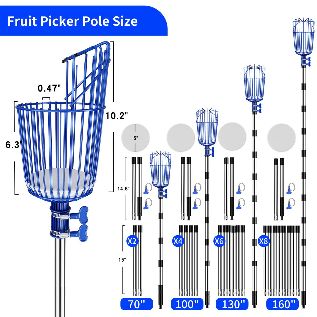 Ginbel Direct Fruit Picker Pole with Basket, Adjustable Fruit Tool for Apple Avocado Cherry Citrus Lemon Orange Peach Picking(40-100")