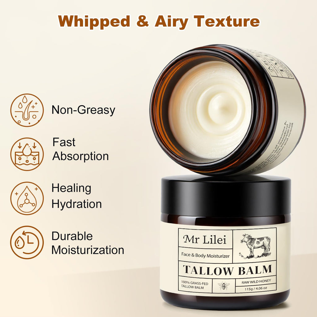 Beef Tallow for Skin, Grass-Fed Beef Tallow Balm, Handmade Whipped Beef Tallow Cream, Face Moisturizer & Body Butter Restores Skin Barrier, Soothes Dry Sensitive Skin, Beef Tallow Honey Balm Unscented