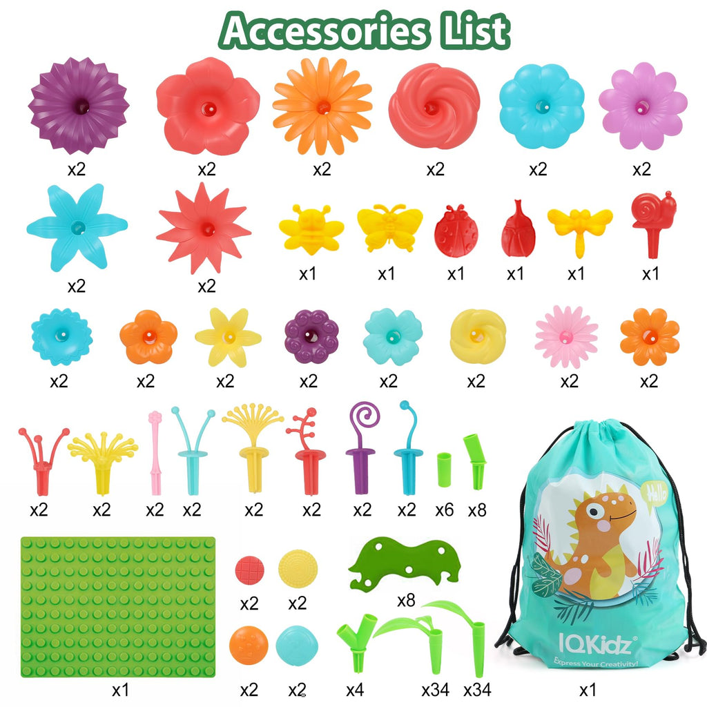 IQKidz 3-6 Years Old Toddler Toys - Flower Garden Building Toy with Insect Pegs, Educational Activity Gifts for Girls Preschool-Kindergarten, 153Pcs STEM Stacking Pretend Play Set