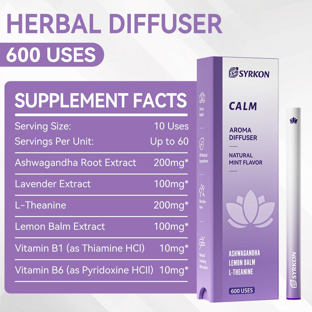 Herbal Diffuser Pen, Supports a Calm Mood | Relaxed Feelings, Mint Flavor, Ashwagandha, Lavender, L-Theanine, Lemon Balm, Vitamin B1 & B6, 600 Uses
